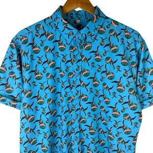 RARE Fernet Branca Sz L Button Shirt Blue Stretch Short Sleeve Graphic Logo AOP